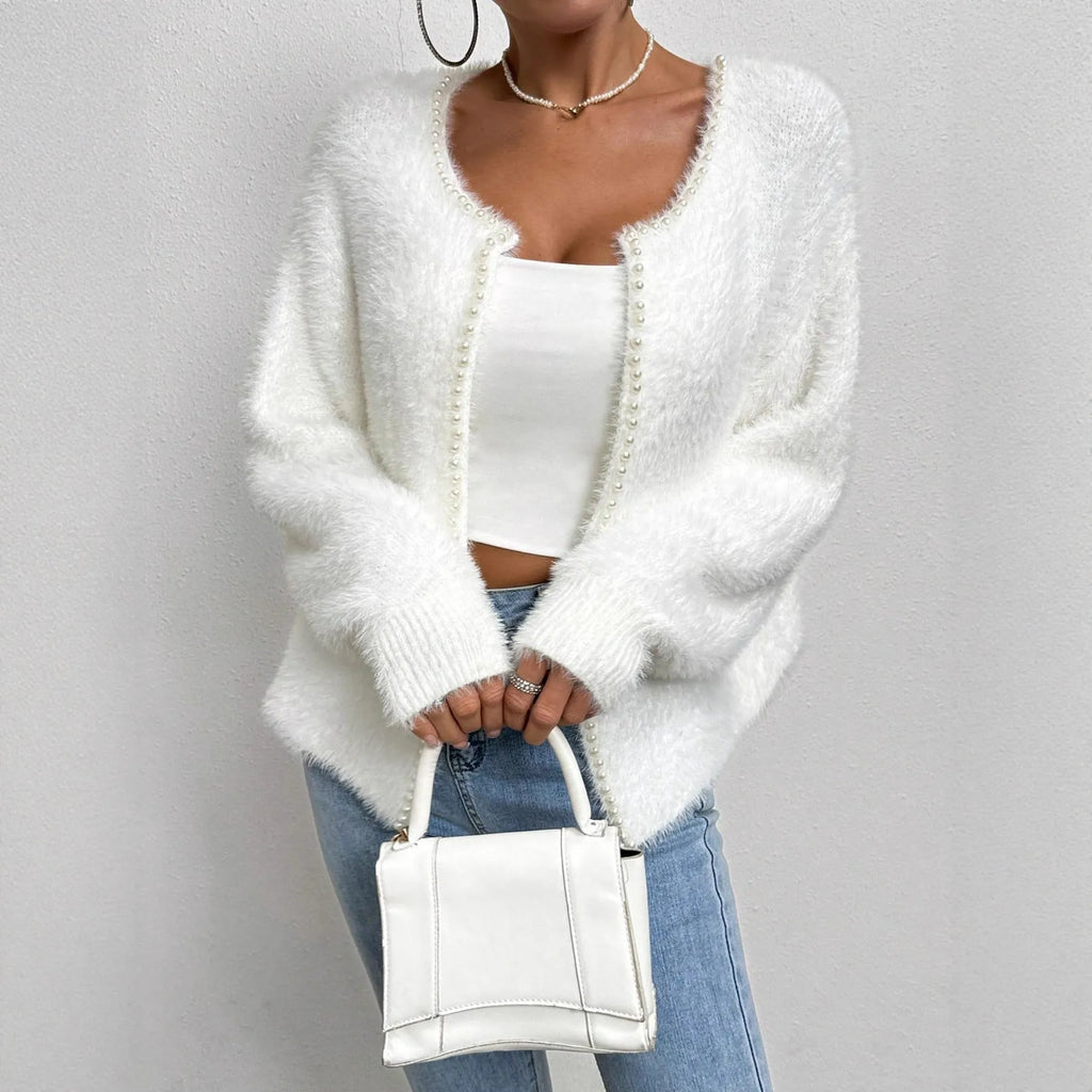 White women's V-neck cardigan with beaded knit texture