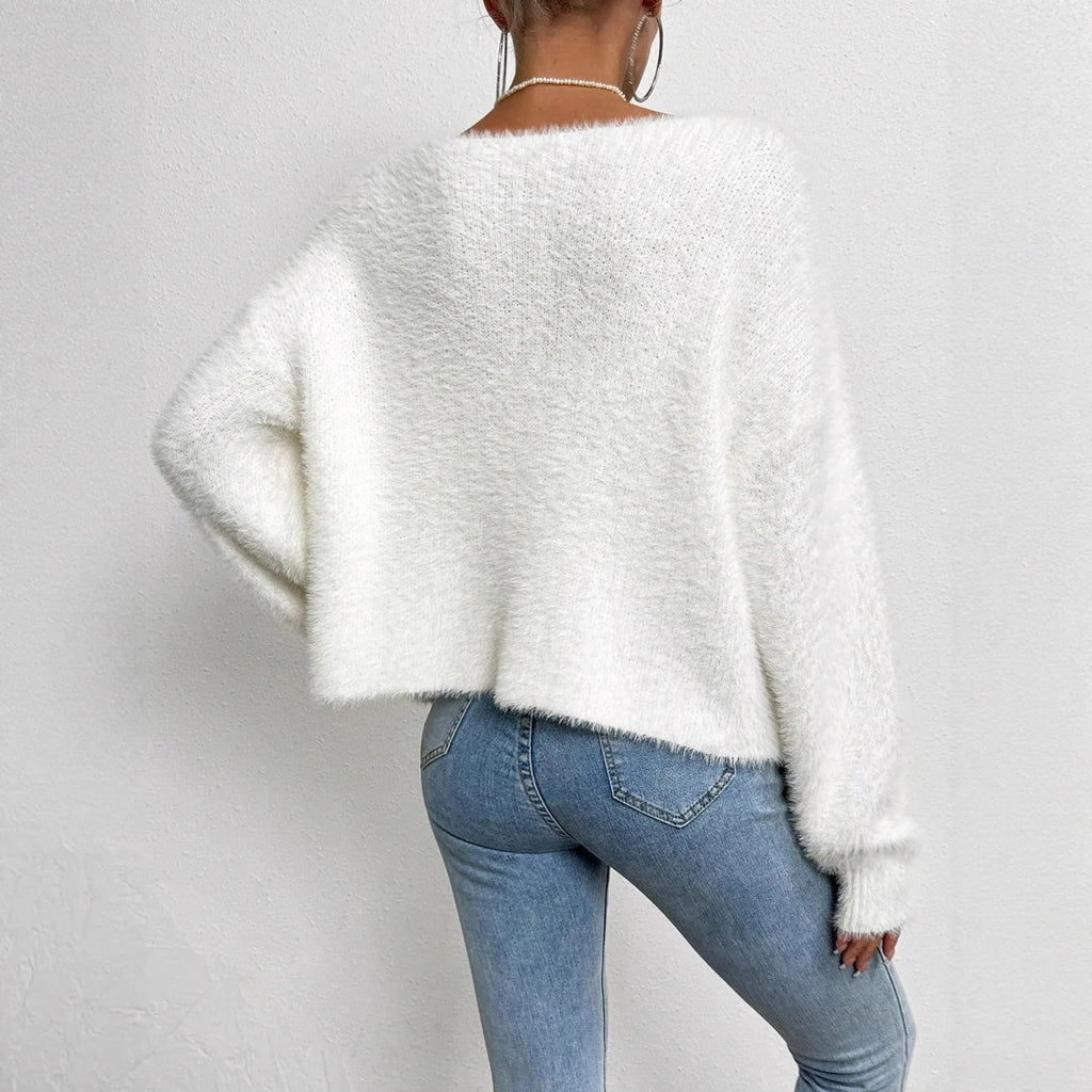 White women's V-neck cardigan with beaded knit texture