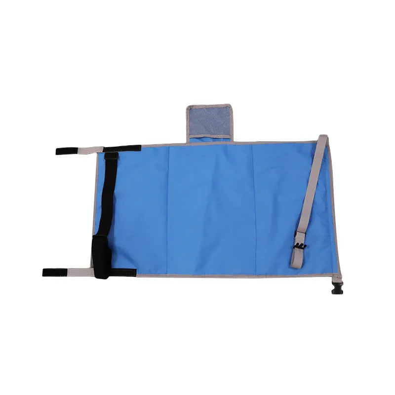 Portable children's aircraft seat extender with drawstring storage pocket in blue colour