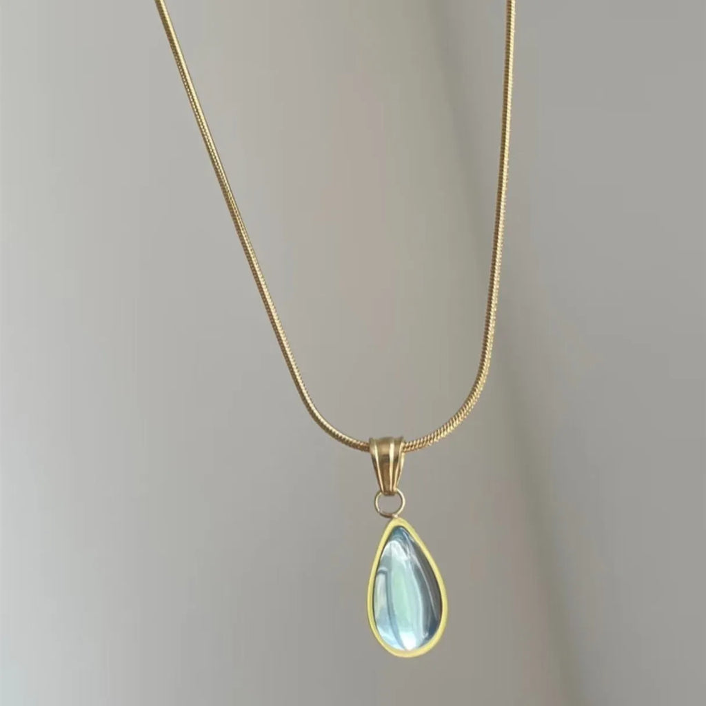 Retro blue and green water drop necklace with titanium steel pendant and snake bones chain