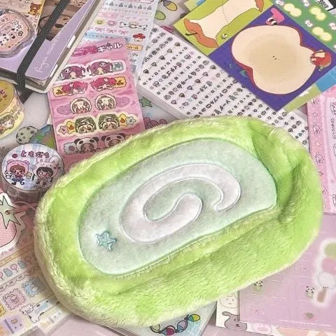 Velvet pencil case with Swiss roll cake pattern in Korean stationery style