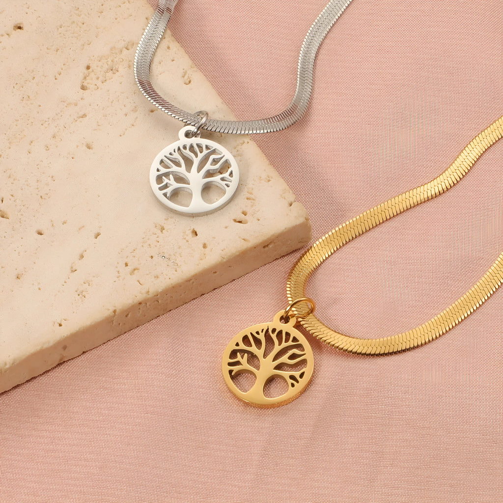 Stainless steel Lucky Tree clavicle chain necklace with adjustable snake bone chain and tree pendant
