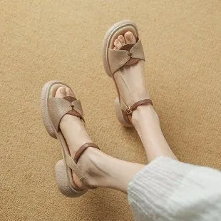 Women's chunky heel platform sandals with open toe in khaki renewable leather