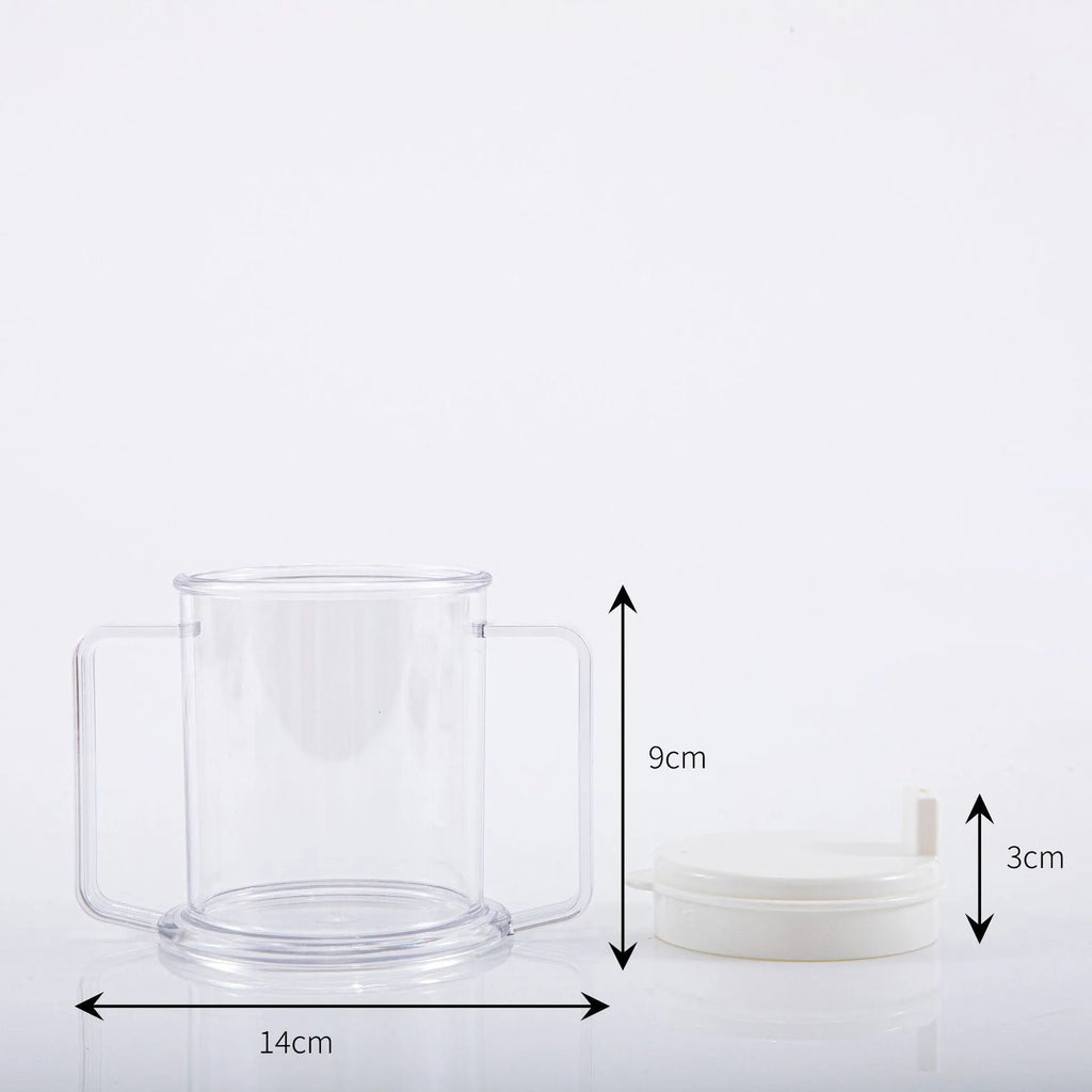 Transparent plastic drinking cup with a lid on a solid background.