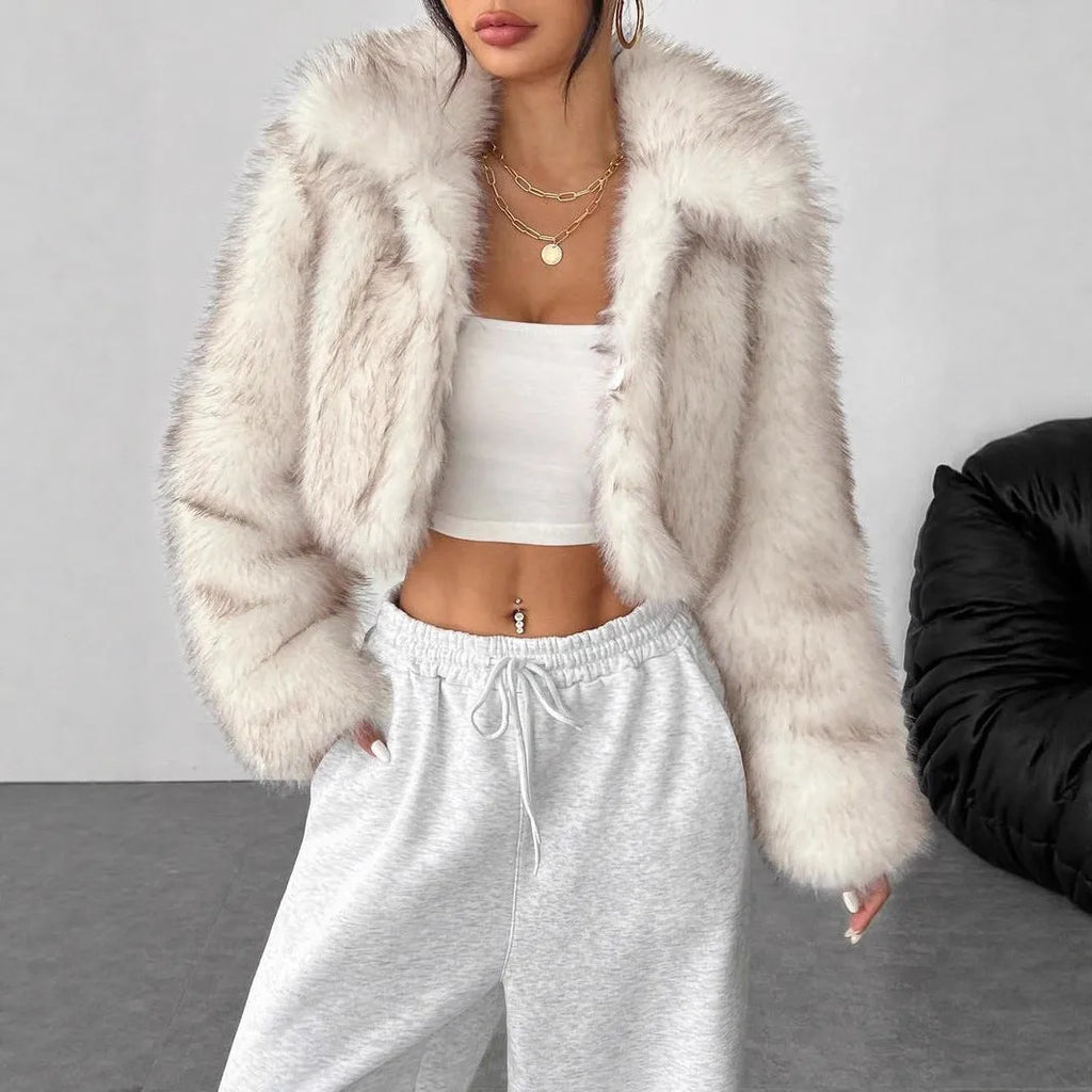 Artificial fur coat with fur collar in short 40cm length showing thick fabric texture