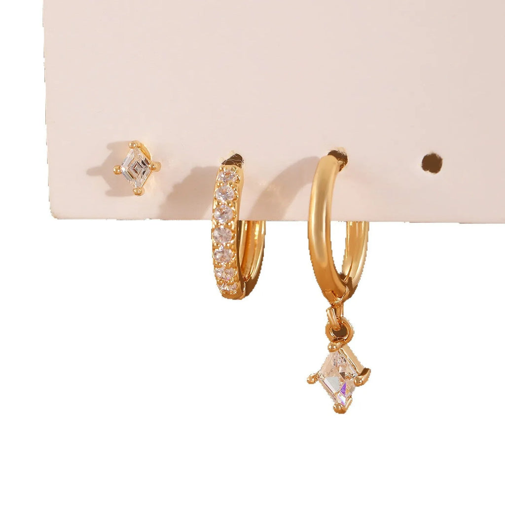 Ladies copper earring three-piece set with geometric zircon designs in gold or silver colour