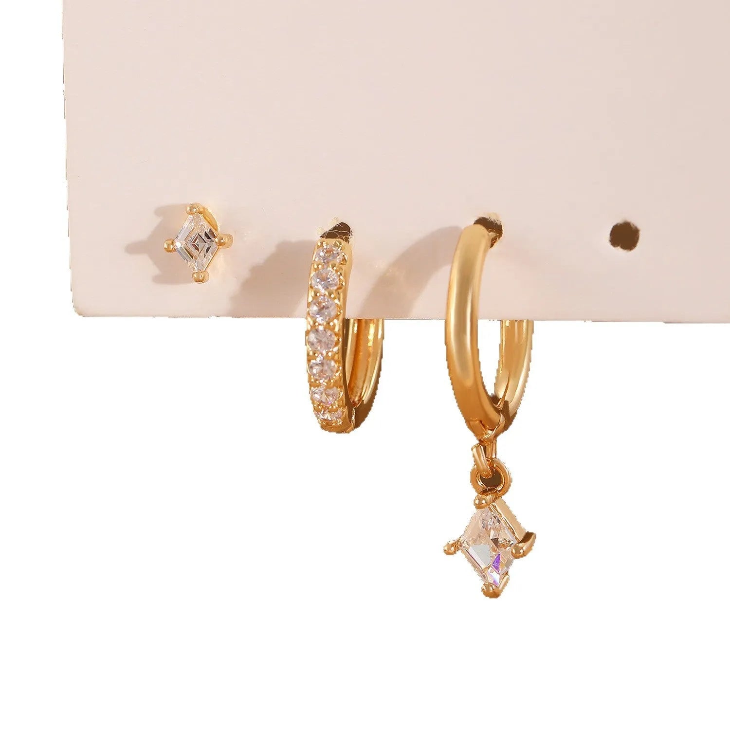 Ladies copper earring three-piece set with geometric zircon designs in gold or silver colour