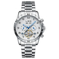 Men's automatic perpetual calendar mechanical watch with silver stainless steel strap and sapphire crystal glass face