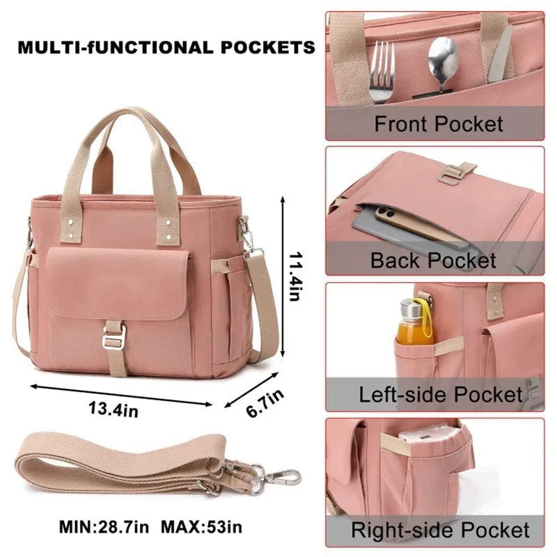 Cube-shaped hiking picnic bag in Oxford cloth with a removable shoulder strap and side pocket.