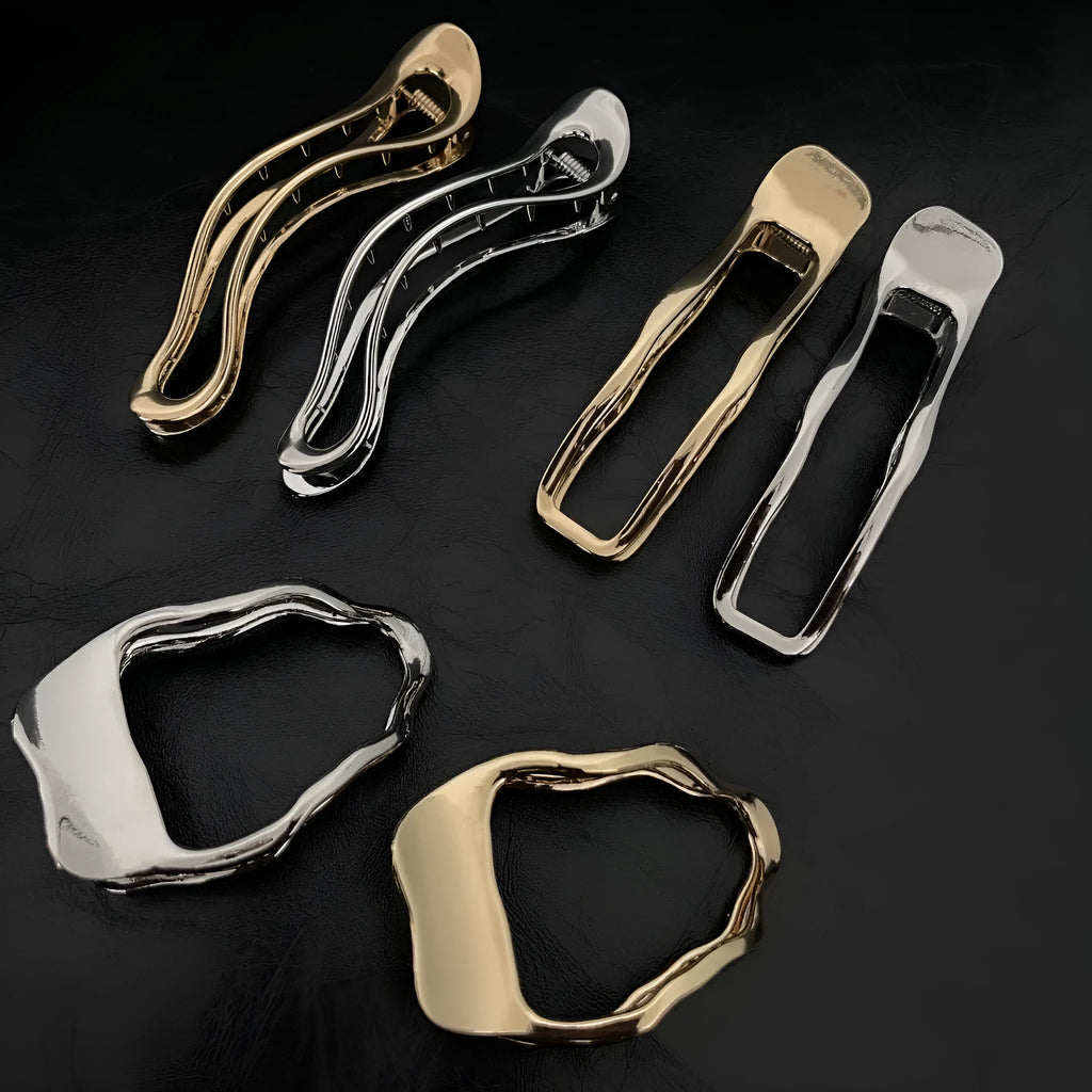 Women's zinc alloy hair barrette in gold or silver, showing square, triangle, and arc shape options.