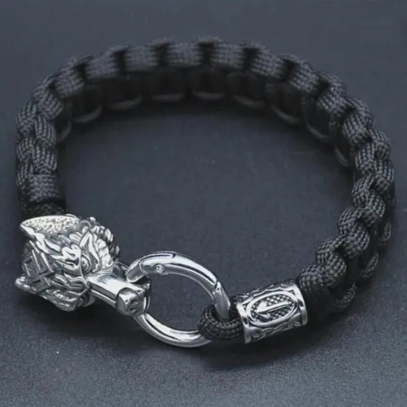 Stainless steel wolf head bracelet with Luen character in camouflage colour on wrist