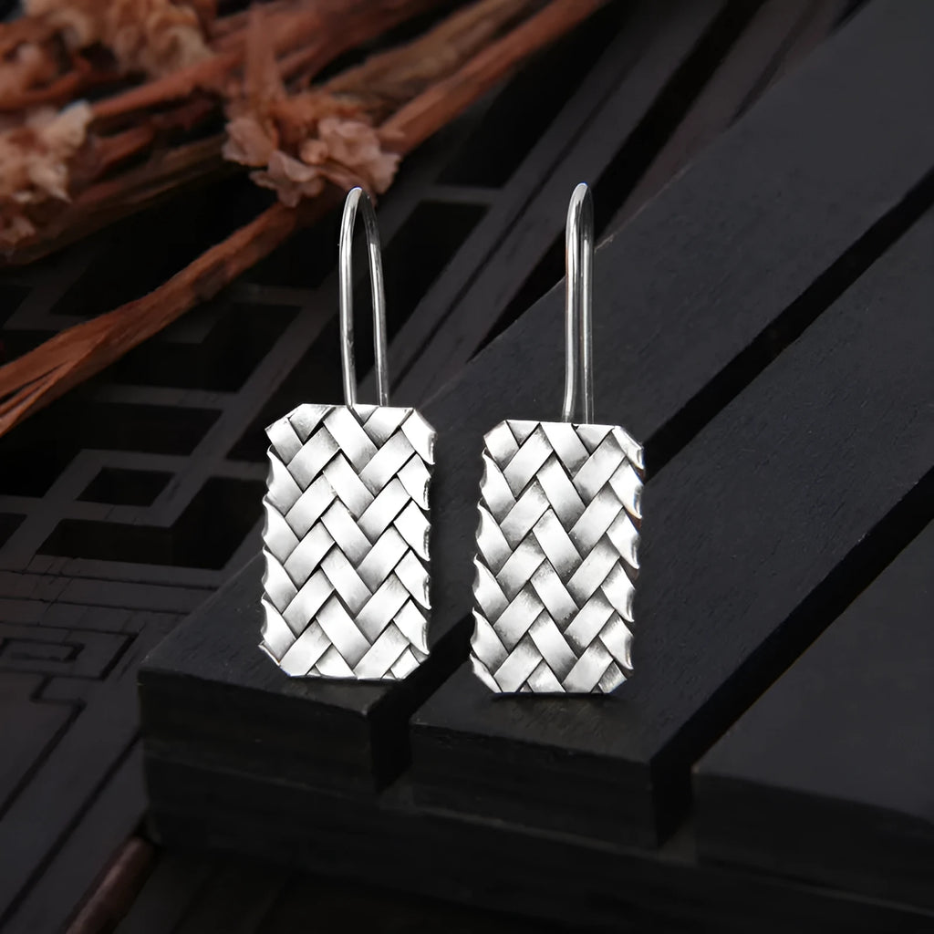 925 sterling silver geometric earrings with woven diamond plaid pattern for women