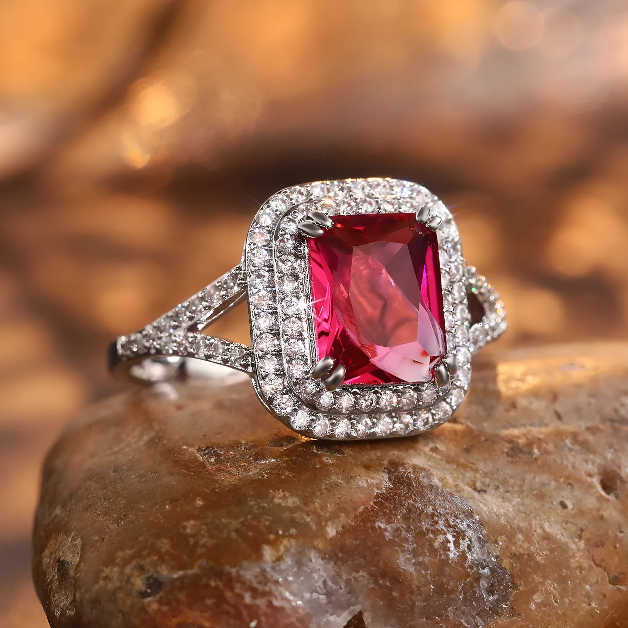 Women's copper geometric ring with square princess cut red rhinestones showing size options 6 through 10