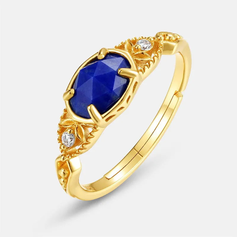 Lapis lazuli ring with geometric silver setting showing forest night sky colour stone
