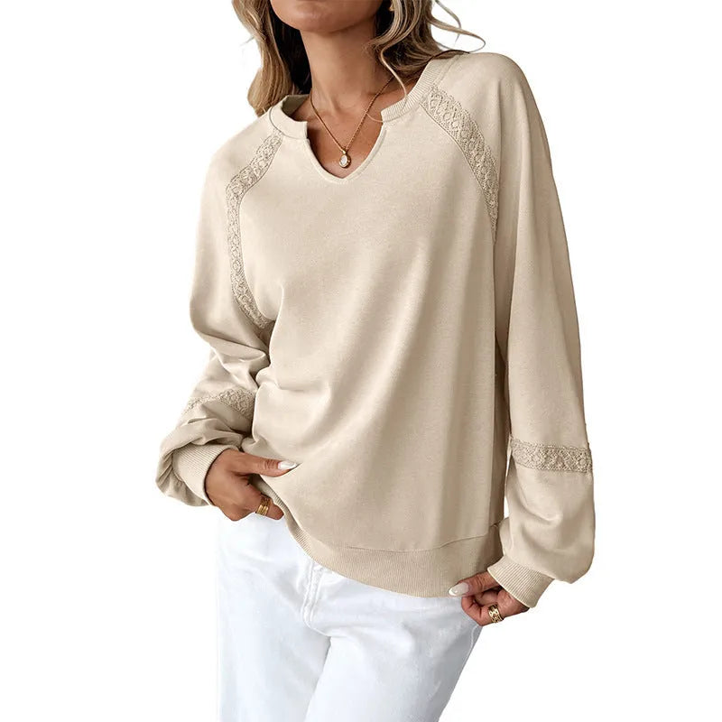 Women's loose fit sweater with half-open lace collar in cotton polyester blend fabric