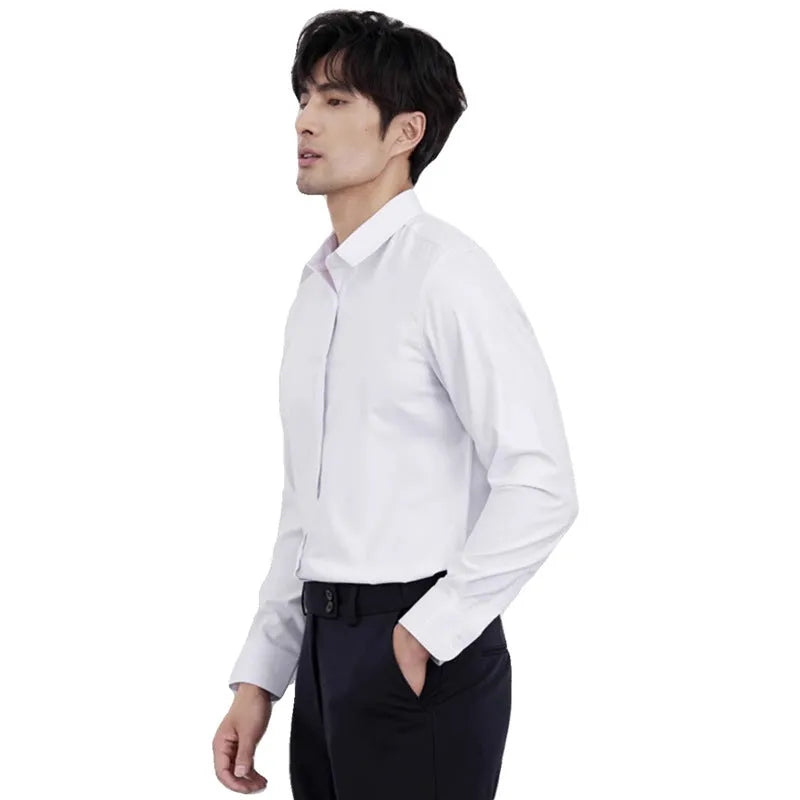 Man wearing a wine red slim fit long sleeve casual business shirt.