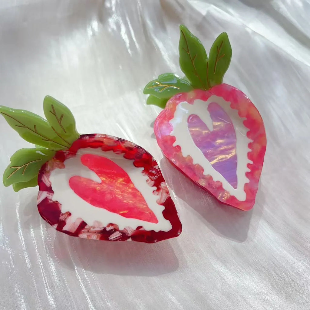 Love Honey strawberry motif hairpin in red or pink colour, handcrafted in a pastoral style.
