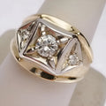 Geometric hollow couple rings with wide face design in gold colour featuring chamfered square pattern details