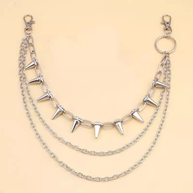 Silver metal punk fashion chain ornament with double layer rivet design measuring 115cm length