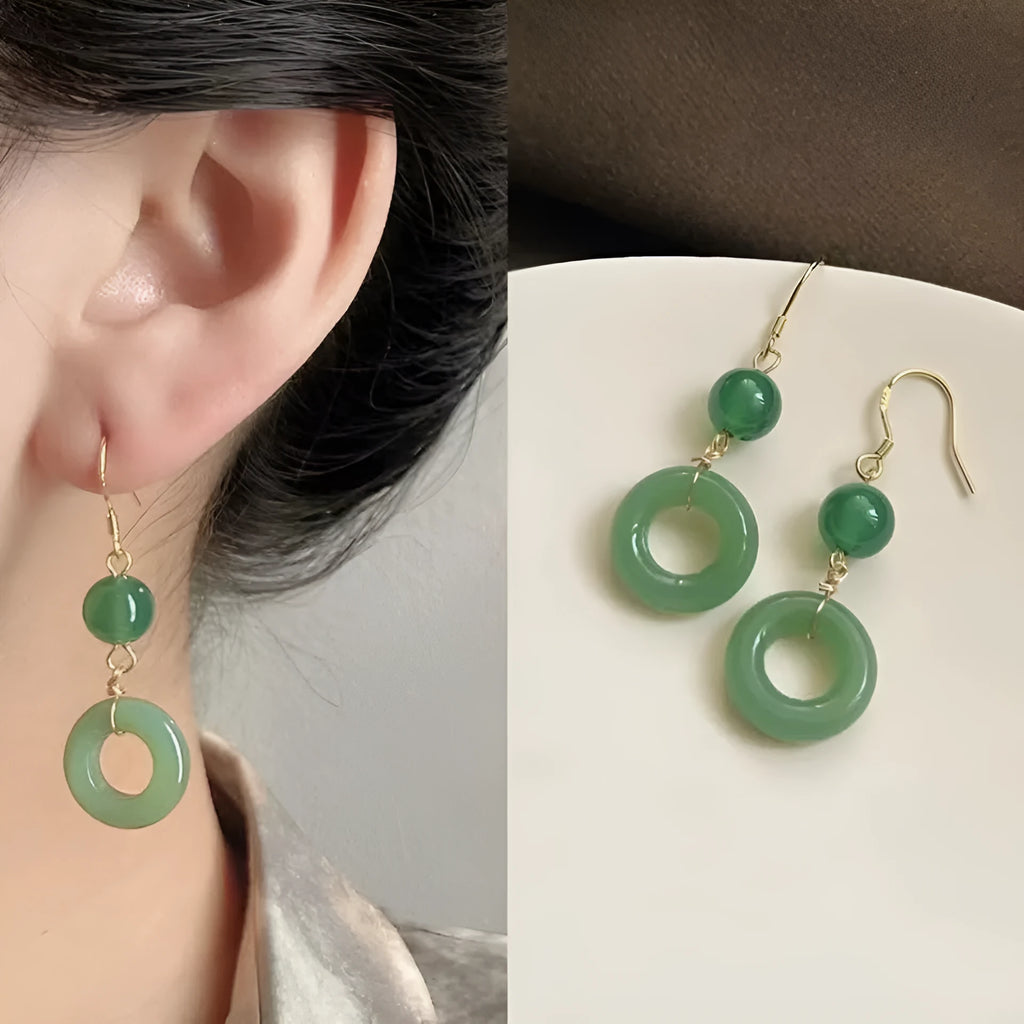 Green Chinese peace buckle geometric earrings with zinc alloy construction and 14K gold plating