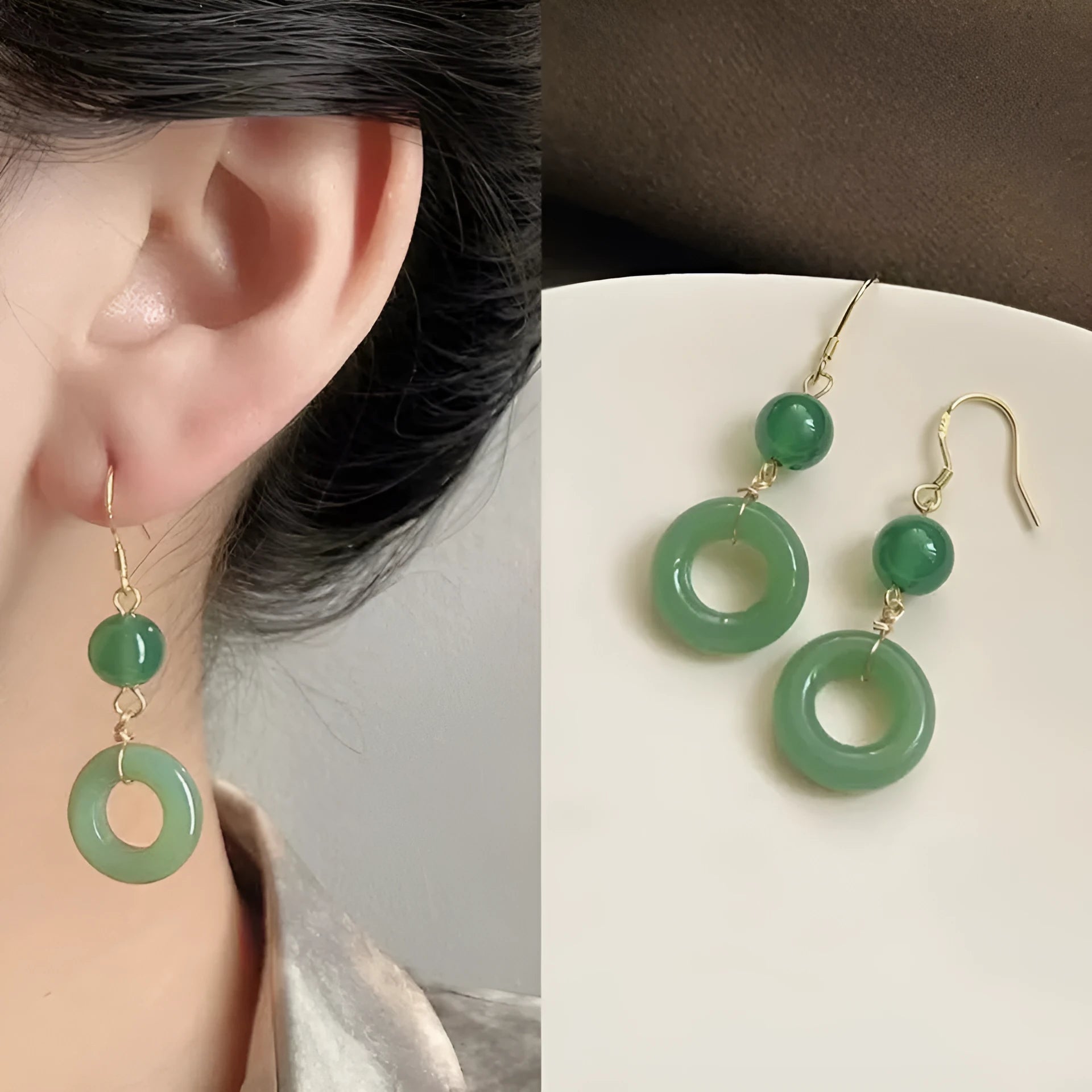 Green Chinese peace buckle geometric earrings with zinc alloy construction and 14K gold plating