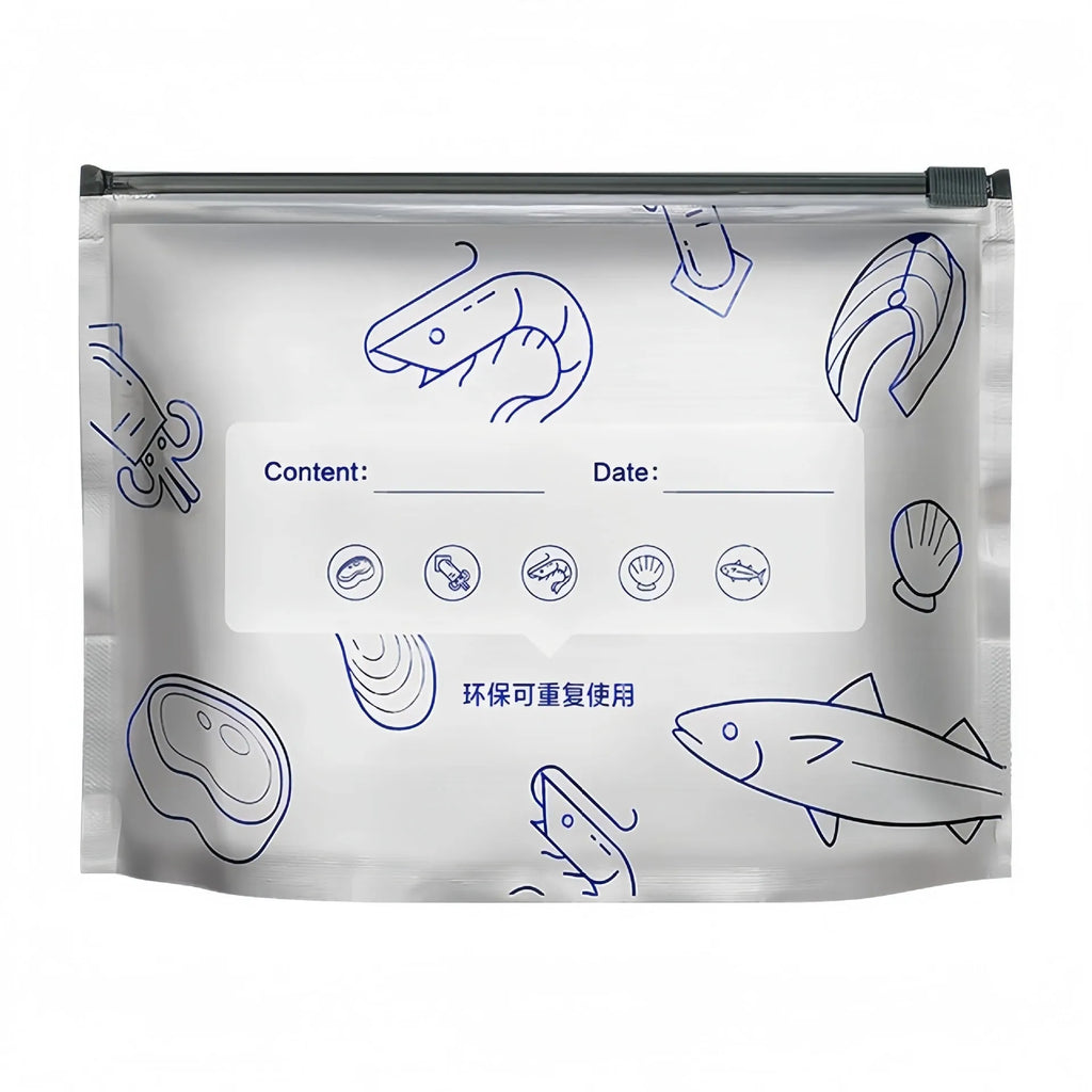 Pack of ten silver aluminium foil sealed storage bags in three different sizes on a white background.