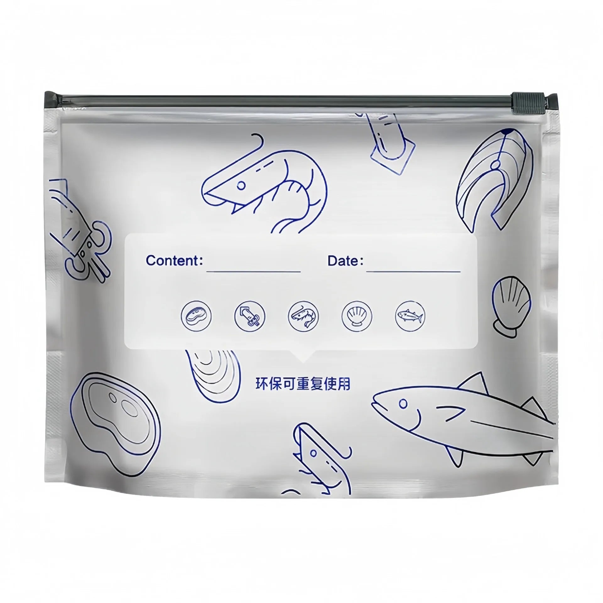 Pack of ten silver aluminium foil sealed storage bags in three different sizes on a white background.