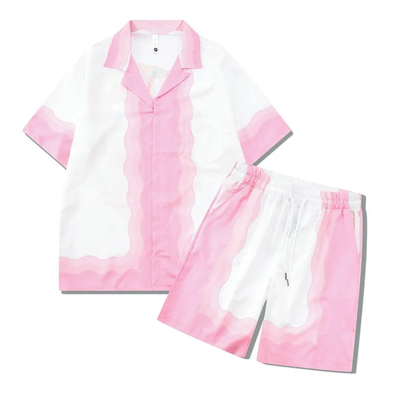 Men's plaid print polyester beach outfit consisting of a short-sleeve shirt and matching trousers.