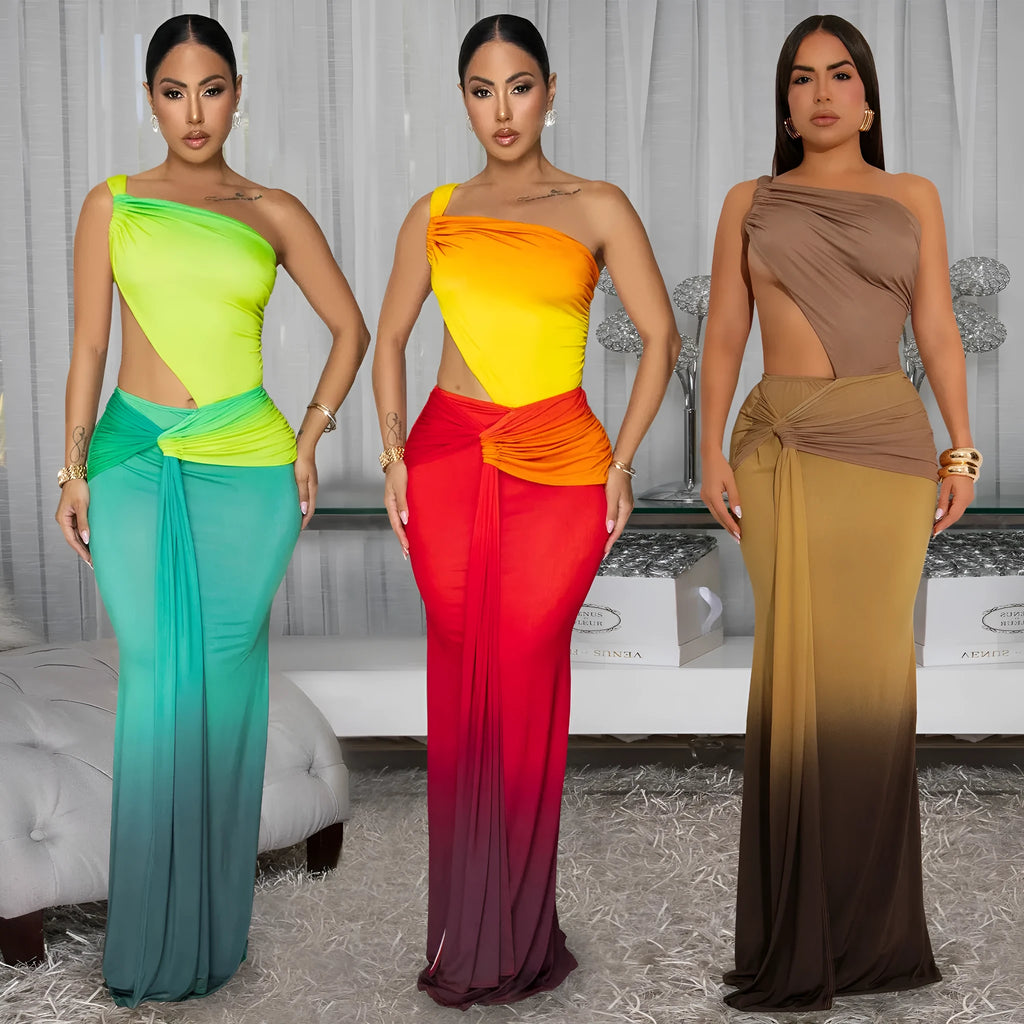 Women's cross-shoulder gradient maxi dress in polyester with high waist and sleeveless design