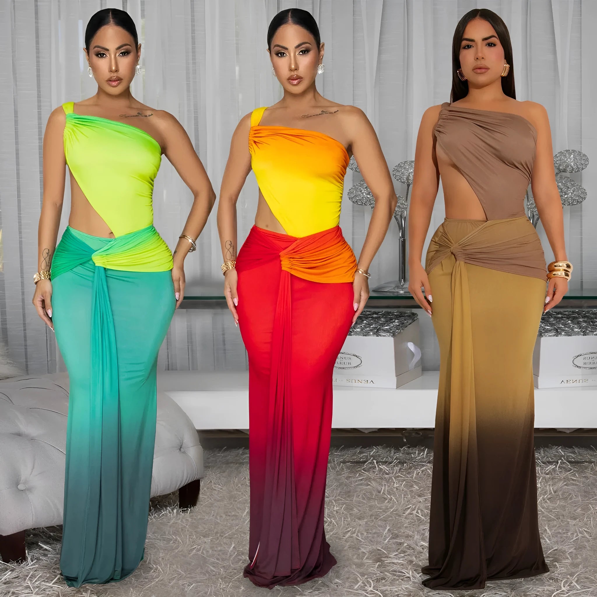 Women's cross-shoulder gradient maxi dress in polyester with high waist and sleeveless design
