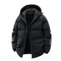 Men's black hooded winter coat with letter print, side pockets, and a cardigan style.