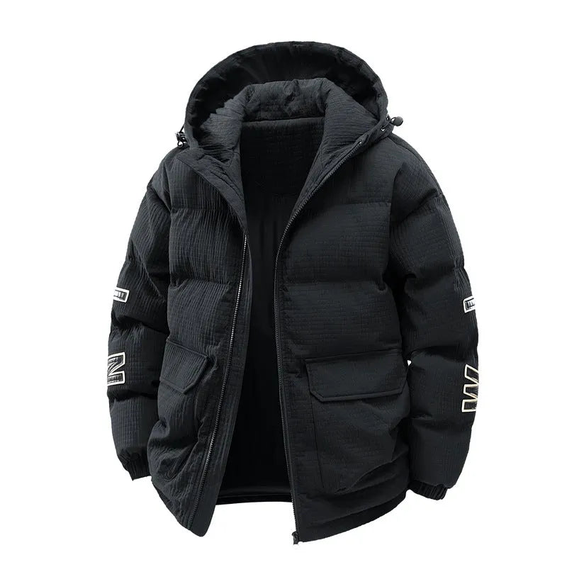Men's black hooded winter coat with letter print, side pockets, and a cardigan style.
