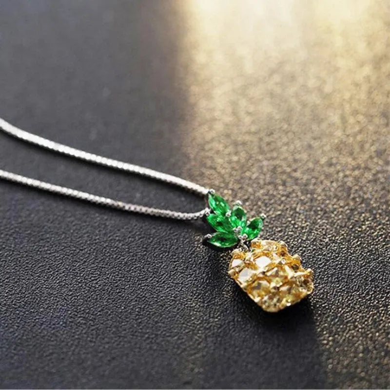 Silver plated pineapple fruit necklace with diamond accents and geometric Korean fashion design
