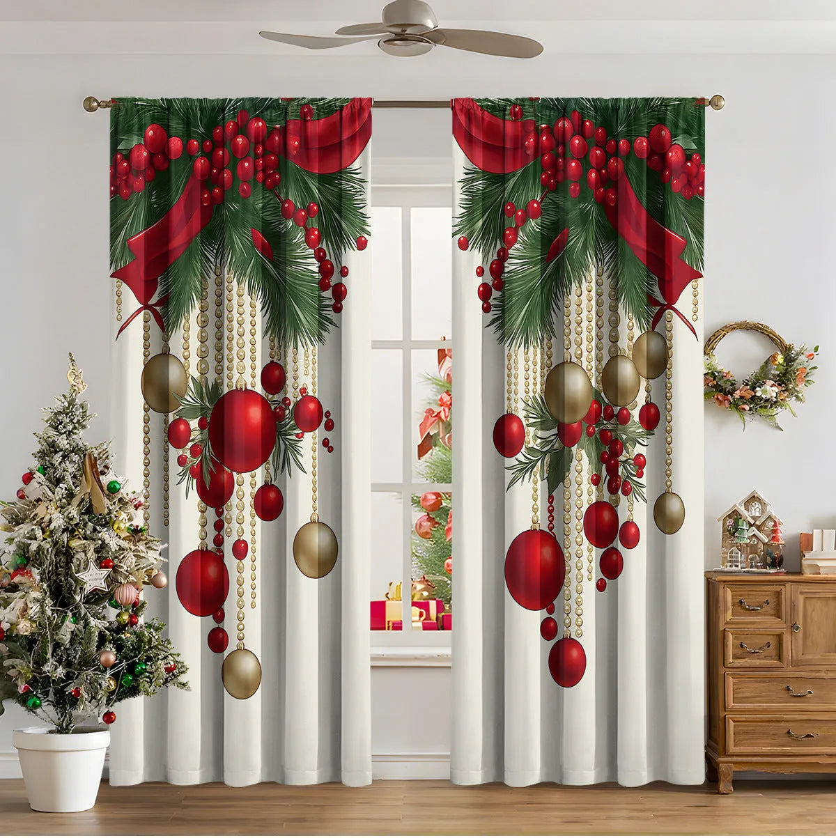 Pair of 3D digitally printed Christmas curtains with a European pattern on polyester fabric.