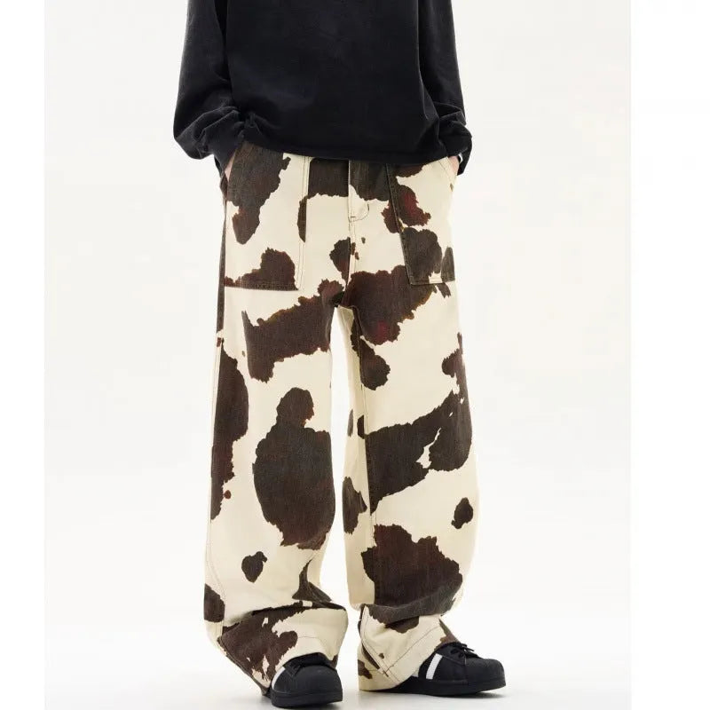Men's straight-leg casual trousers with American retro cow pattern print in cow colour