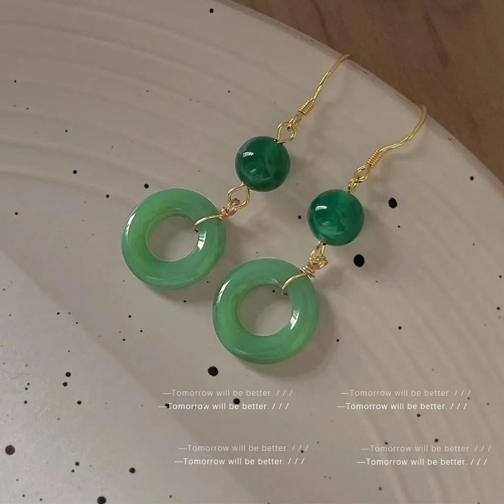 Green Chinese peace buckle geometric earrings with zinc alloy construction and 14K gold plating