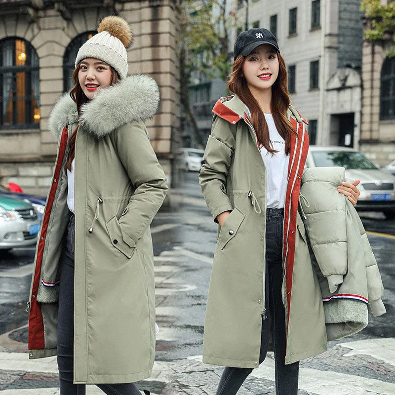 Women's long cotton-padded fleece trench coat in six colours with 100cm length