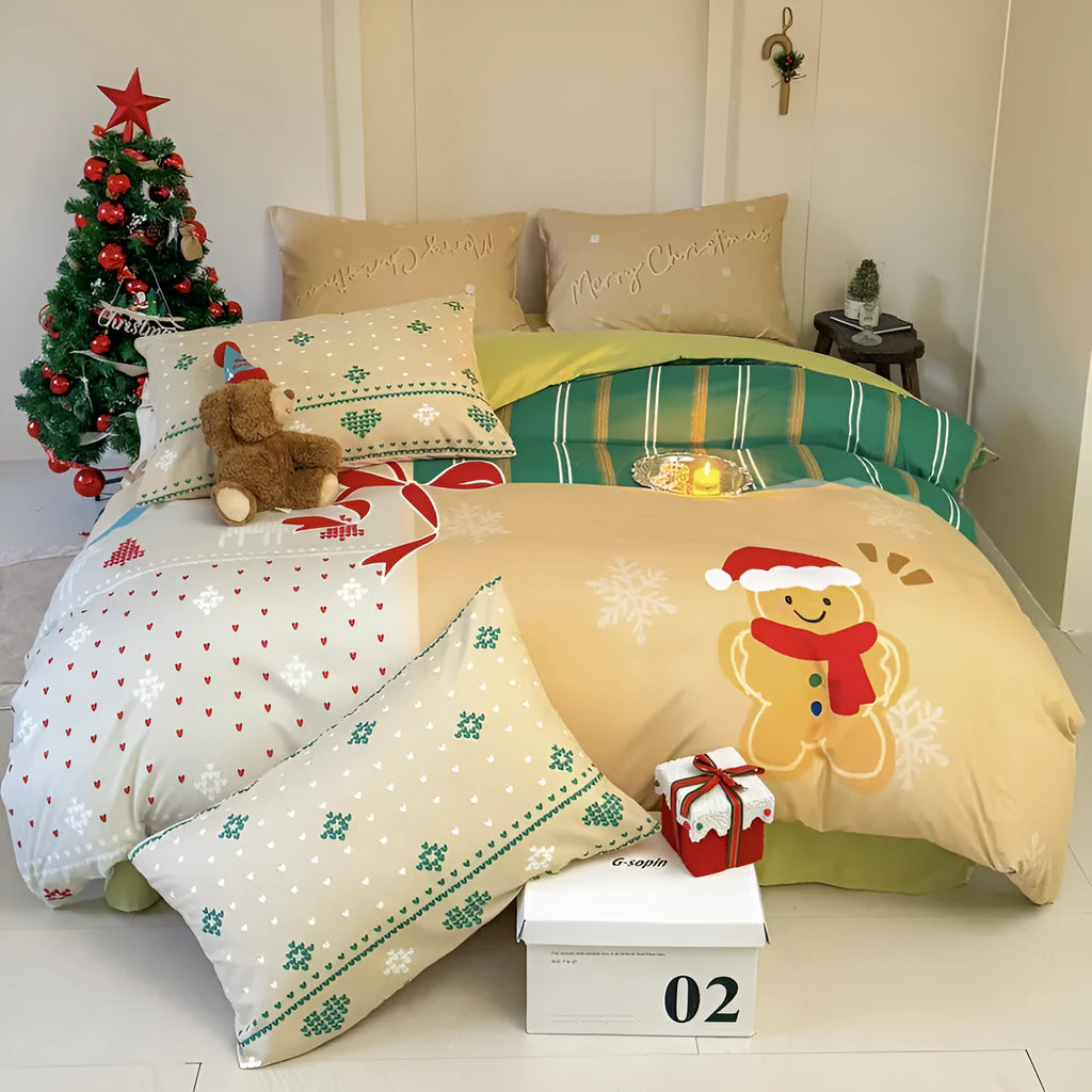 Christmas cartoon printed bedding set with super soft washed cotton material showing Gingerbread Man pattern