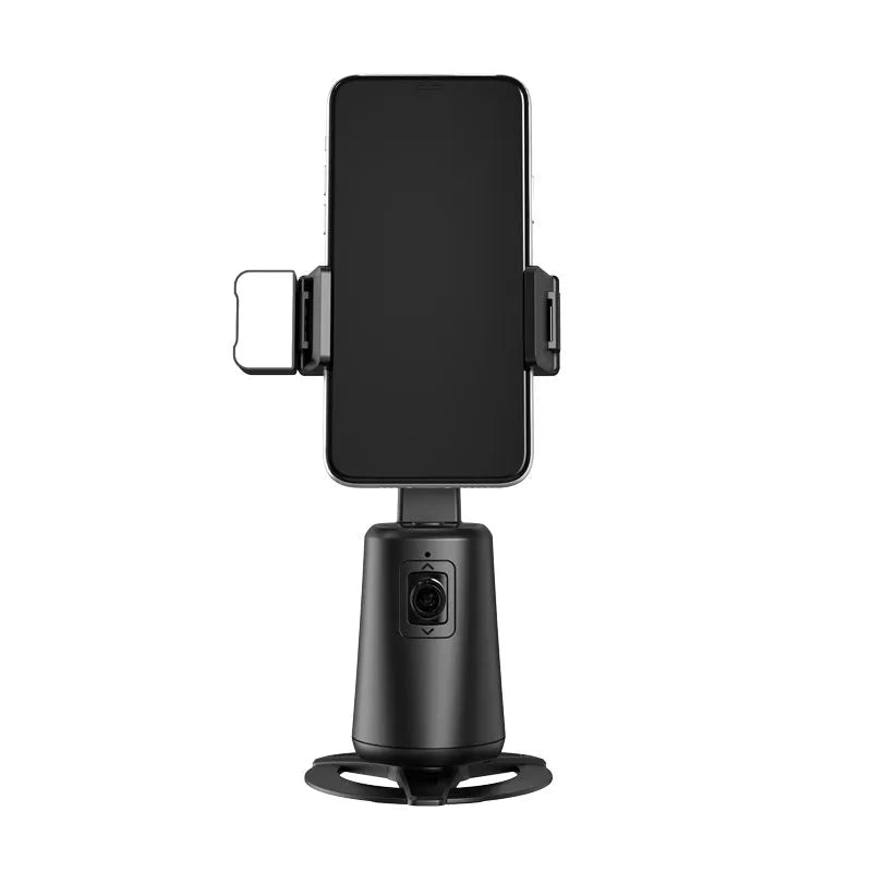 Black intelligent desktop bracket with auto-rotating camera head and RGB ribbon lights.