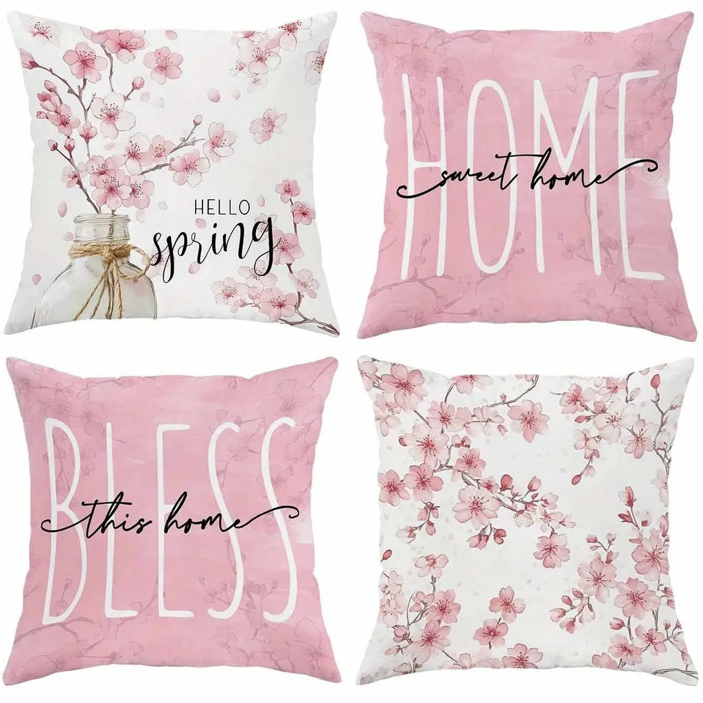 Square short velvet cushion cover with cherry blossom and letter print, 45cm by 45cm.