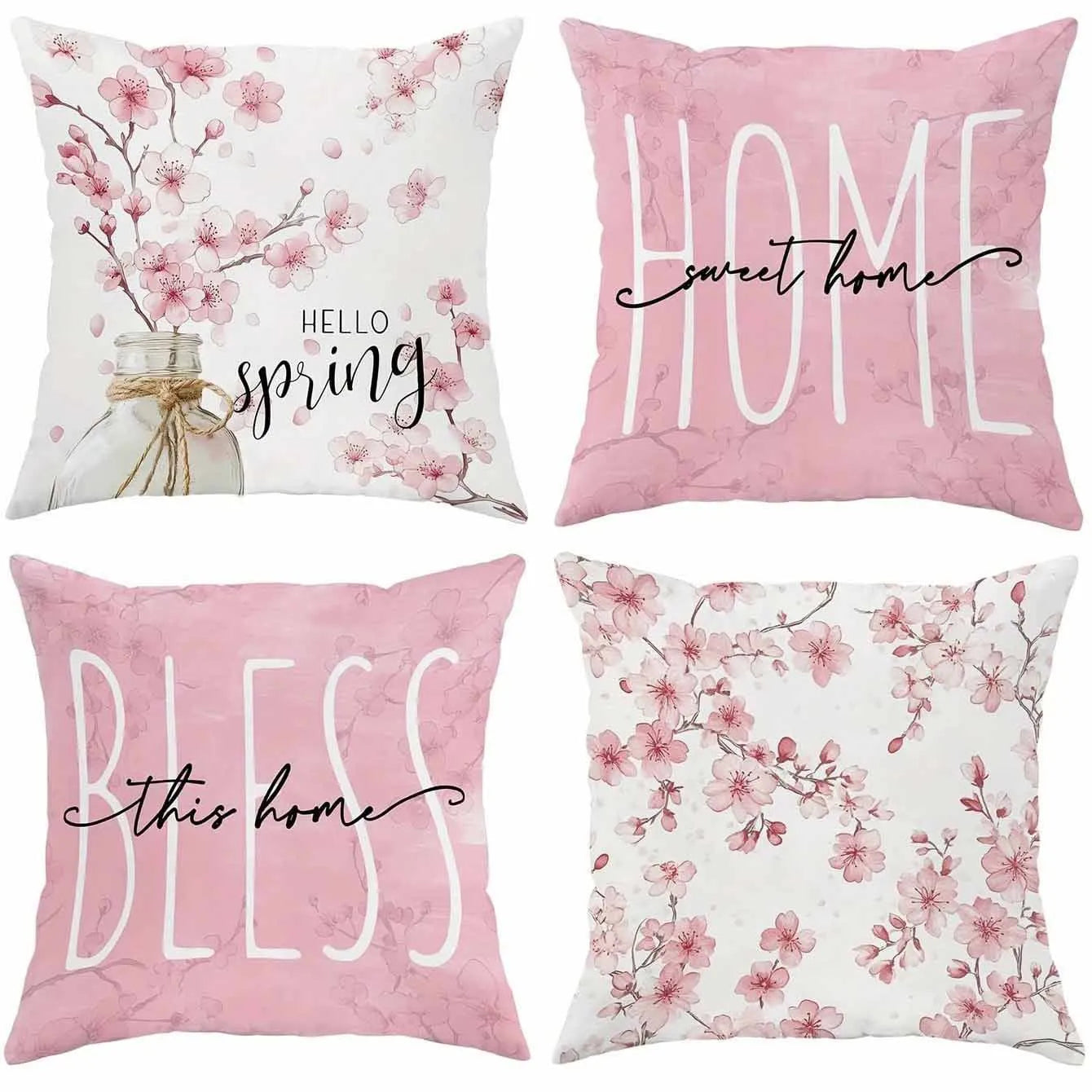 Square short velvet cushion cover with cherry blossom and letter print, 45cm by 45cm.