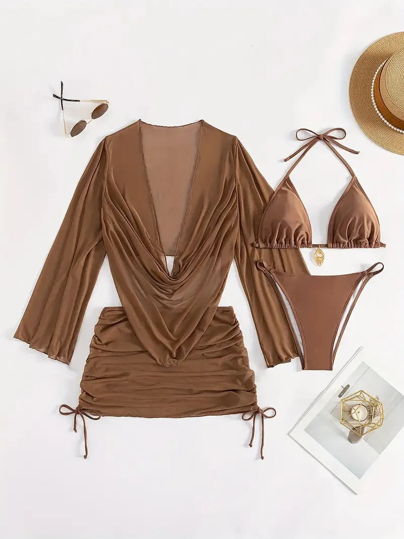 Dark brown women's lace-up back bikini set with sleeveless briefs design for swimming