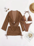 Dark brown women's lace-up back bikini set with sleeveless briefs design for swimming
