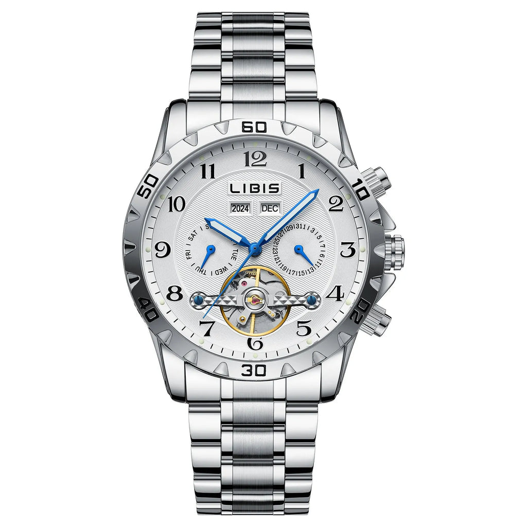 Men's automatic perpetual calendar mechanical watch with silver stainless steel strap and sapphire crystal glass face