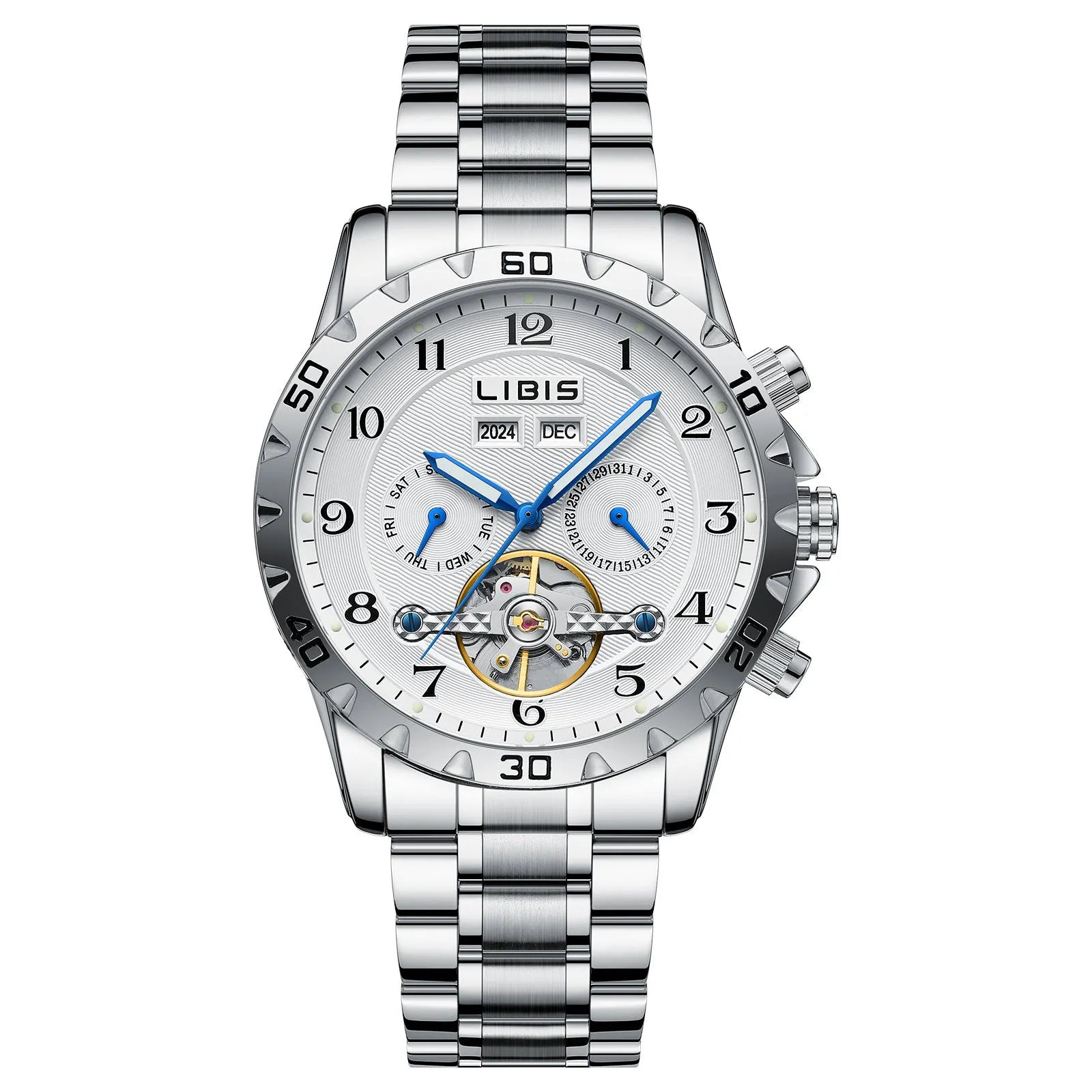 Men's automatic perpetual calendar mechanical watch with silver stainless steel strap and sapphire crystal glass face