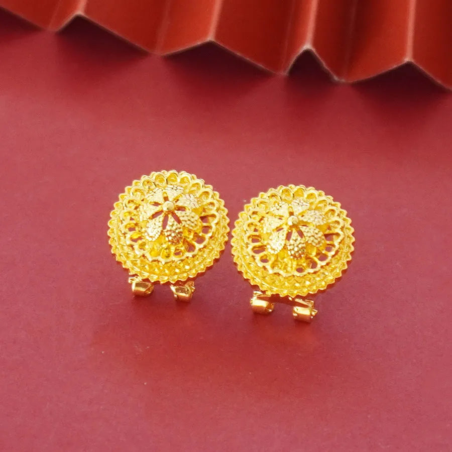 Gold-plated three-piece jewellery suit with three-layer flower design pendant, earrings, and ring on water wave chain