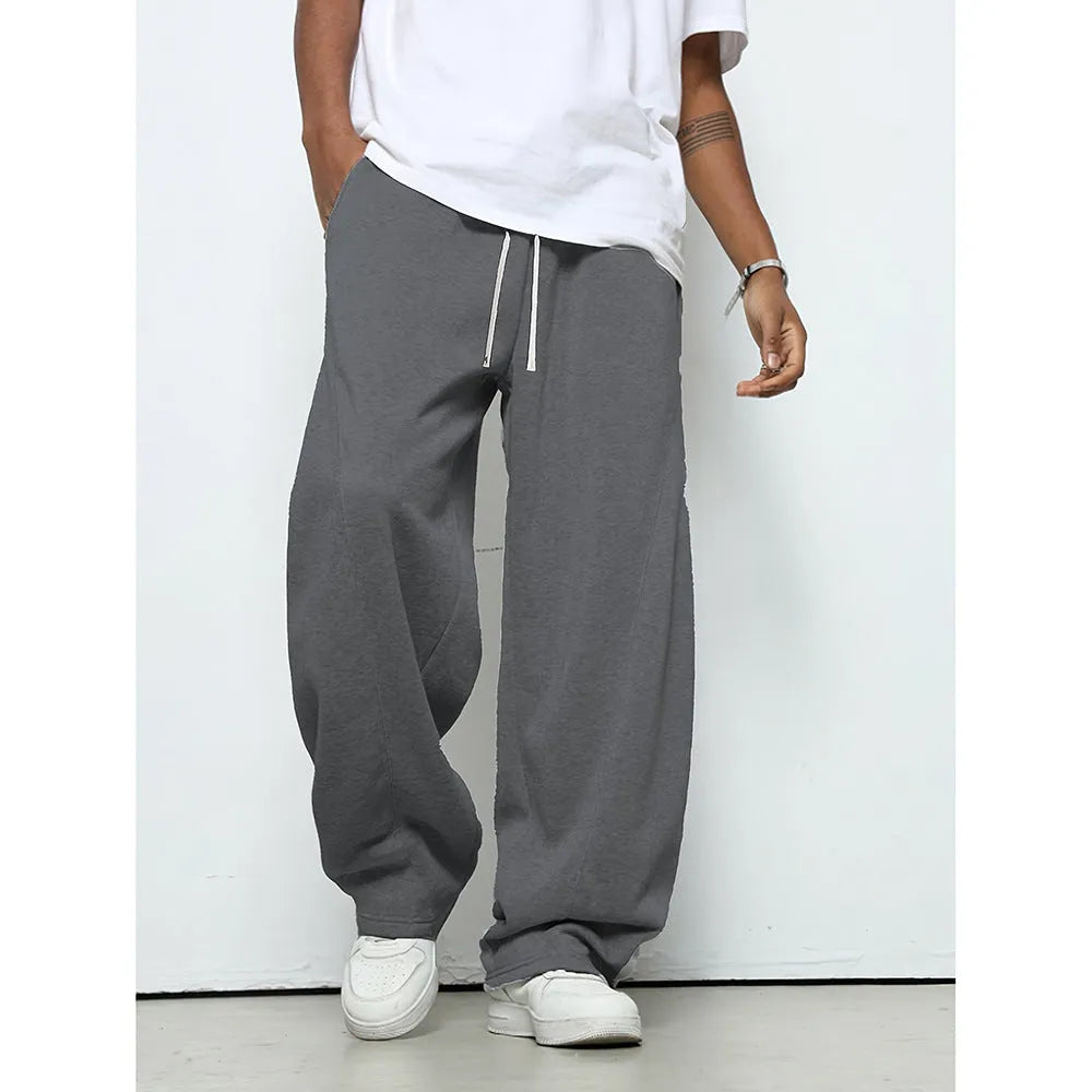 Men's straight-leg casual trousers with elastic waistband in black, dark grey and light grey colours