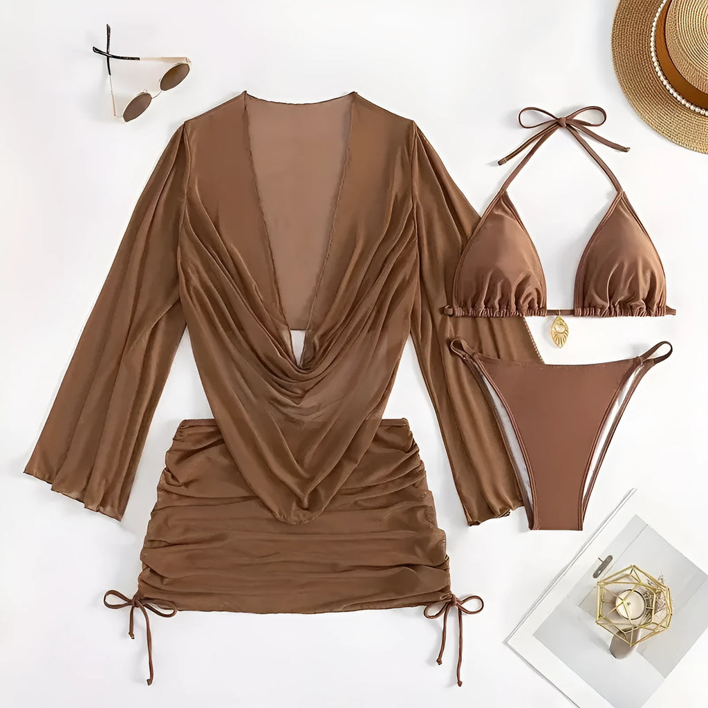 Dark brown women's lace-up back bikini set with sleeveless briefs design for swimming