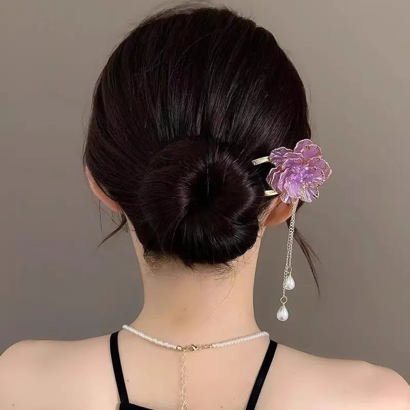 Decorative U-shaped hairpin with purple peony flower and hanging tassels in pastoral style