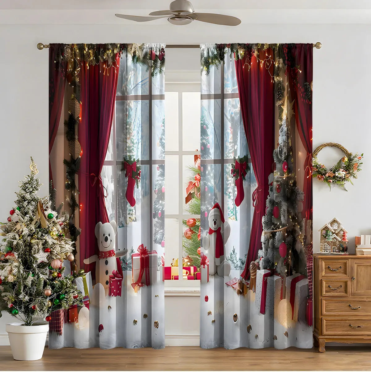 Pair of 3D digitally printed Christmas curtains with a European pattern on polyester fabric.